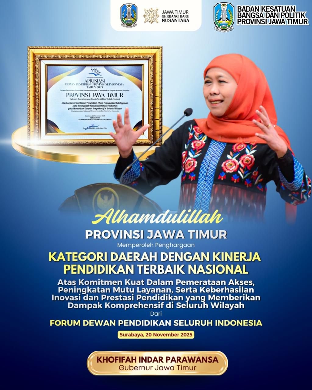 PROVINSI JAWA TIMUR MEMPEROLEH PENGHARGAAN KATEGORI DAERAH DENGAN KINERJA PENDIDIKAN TERBAIK NASIONAL