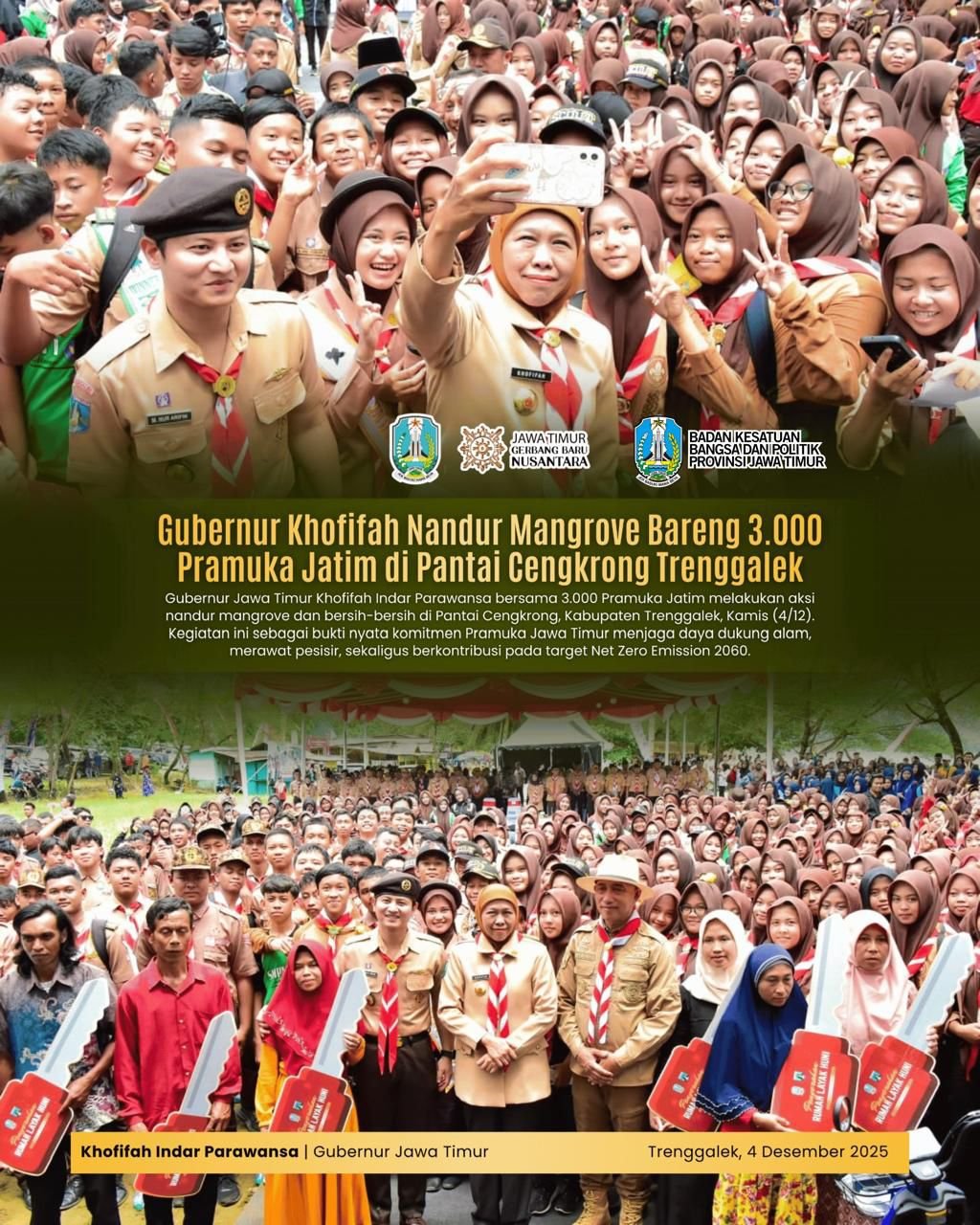 Gubernur Khofifah Apresiasi Pramuka Jatim Kuatkan Wawasan Kebangsaan Melalui Bakti Masyarakat Program Bedah Rumah Serta Melalui Nandur Mangrove