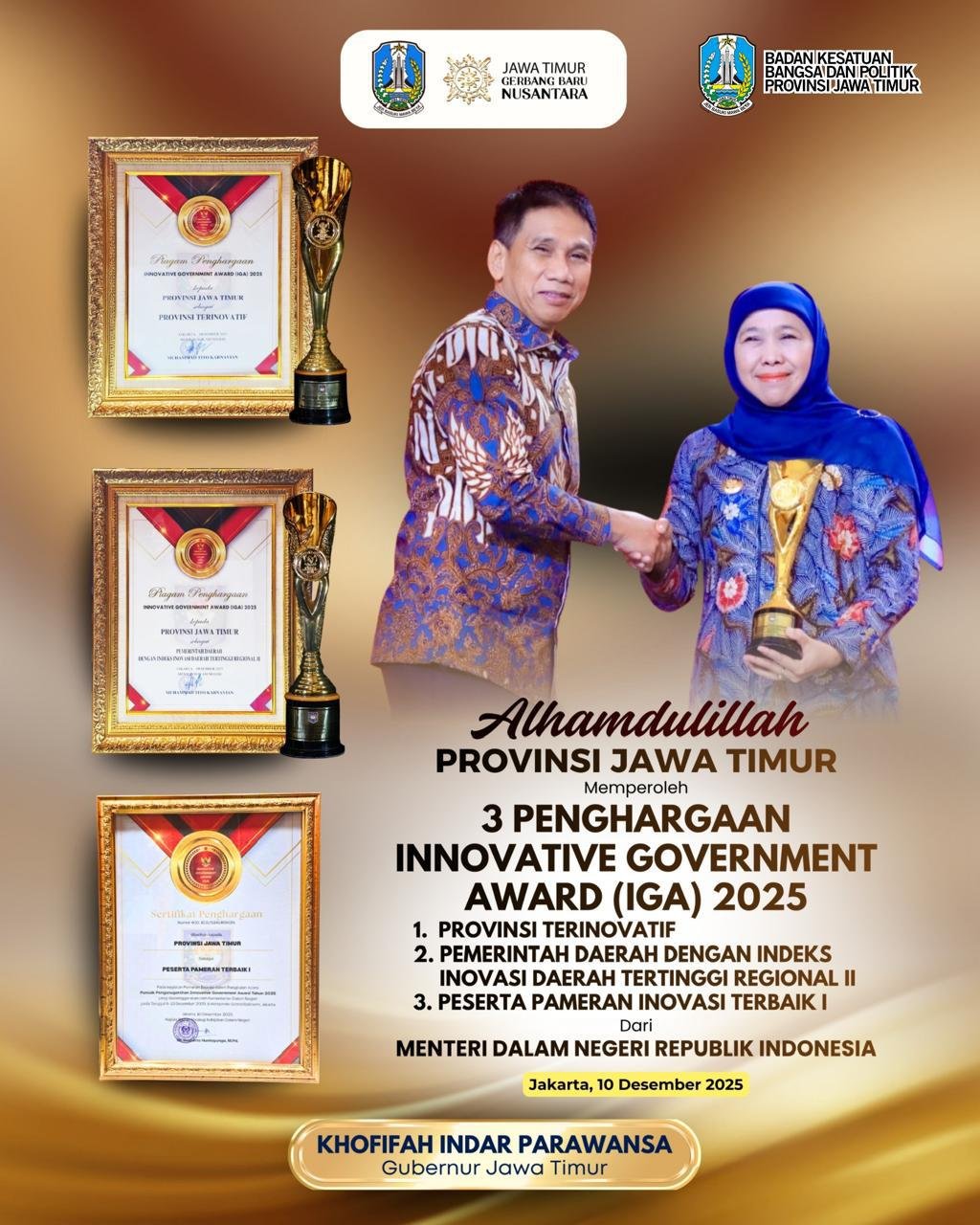 Jawa Timur Kembali Dinobatkan Sebagai Provinsi Terinovatif dan Raih Tiga Penghargaan di IGA 2025, Gubernur Khofifah: Indeks Inovasi Daerah Jatim Tertinggi se- Pulau Jawa