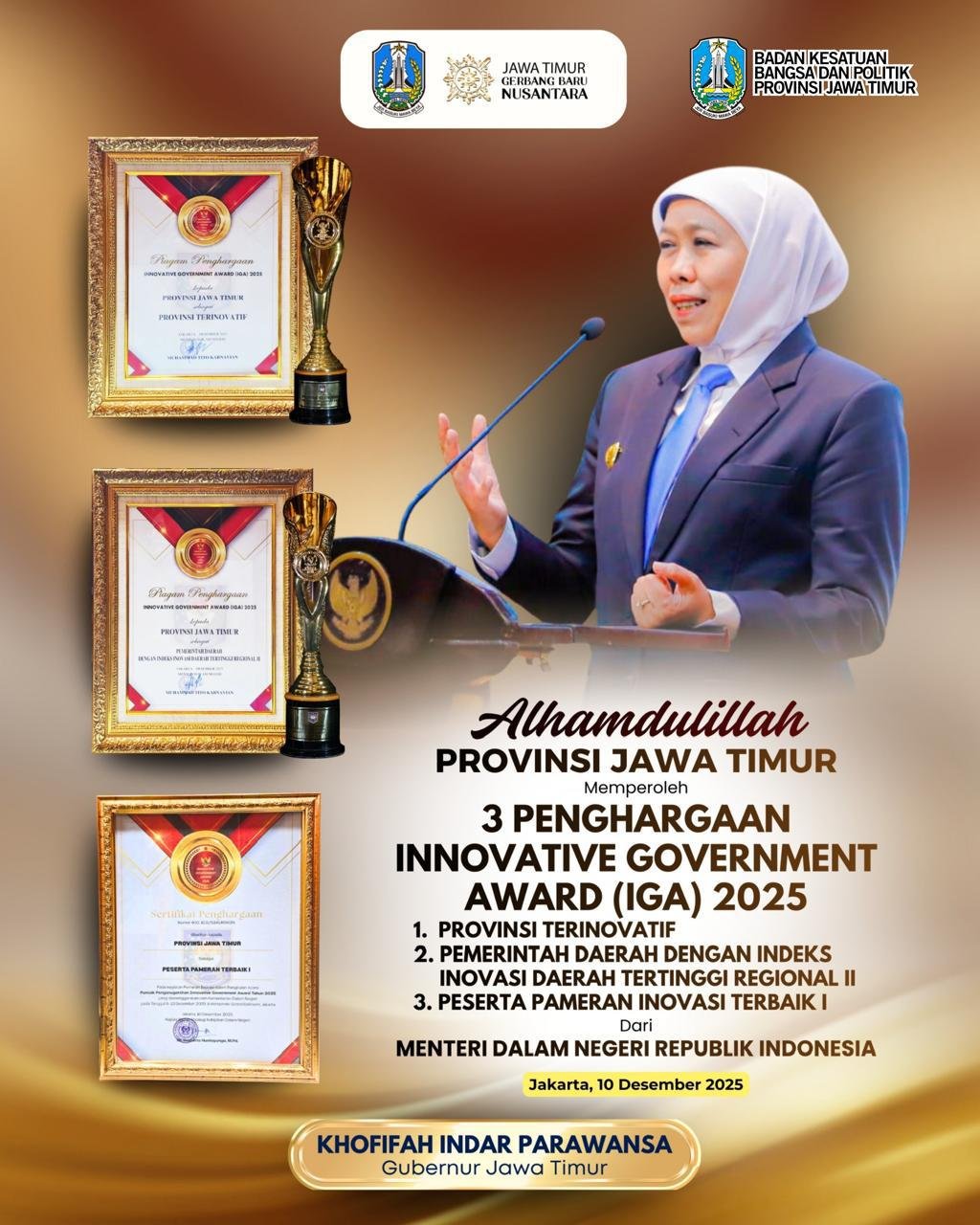 Jawa Timur Kembali Dinobatkan Sebagai Provinsi Terinovatif dan Raih Tiga Penghargaan di IGA 2025, Gubernur Khofifah: Indeks Inovasi Daerah Jatim Tertinggi se- Pulau Jawa