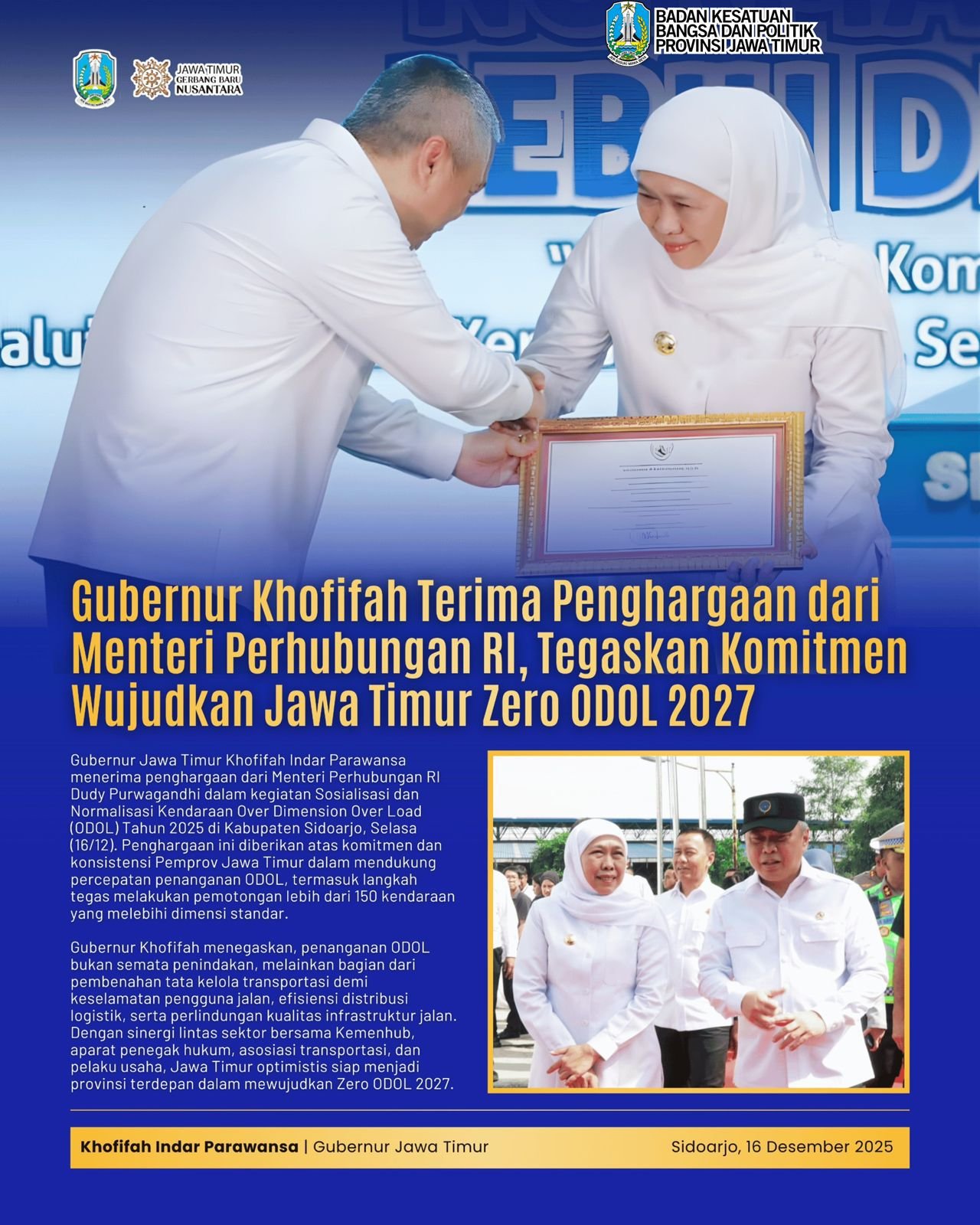 Gubernur Khofifah Terima Penghargaan Penanganan ODOL dari Menteri Perhubungan, Komitmen Siap Wujudkan Jatim Zero ODOL 2027