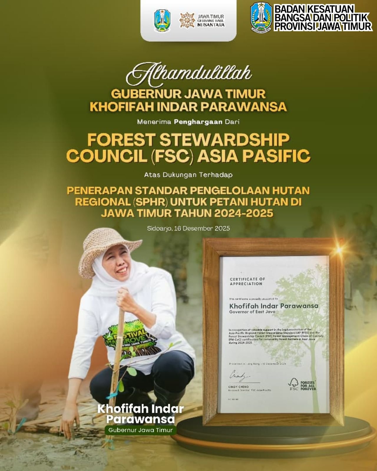 Konsisten Dorong Pengelolaan Hutan Rakyat Berstandar Internasional, Gubernur Khofifah Terima Penghargaan dari FSC Asia Pacific